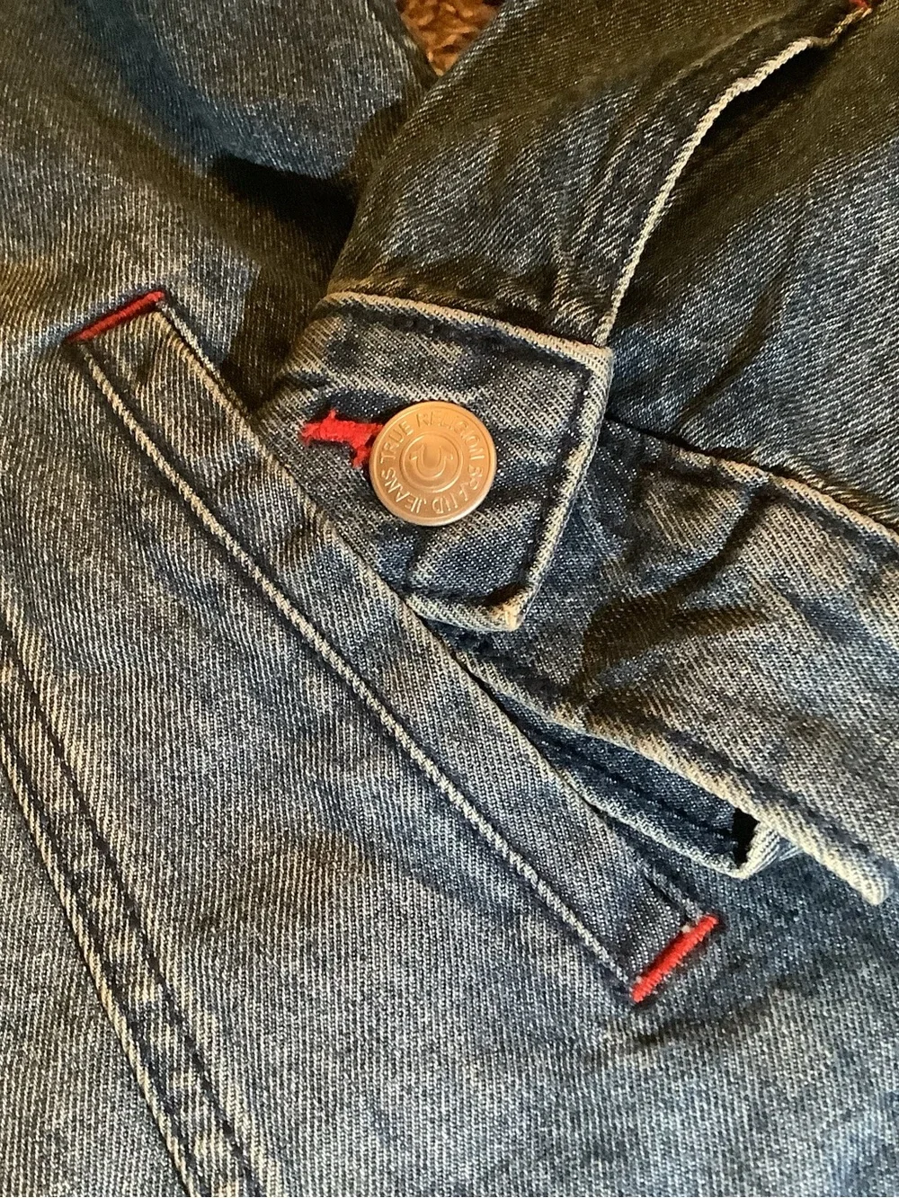 True Religion Logo Print Denim Jacket, color medium blue quartz wash, size: M